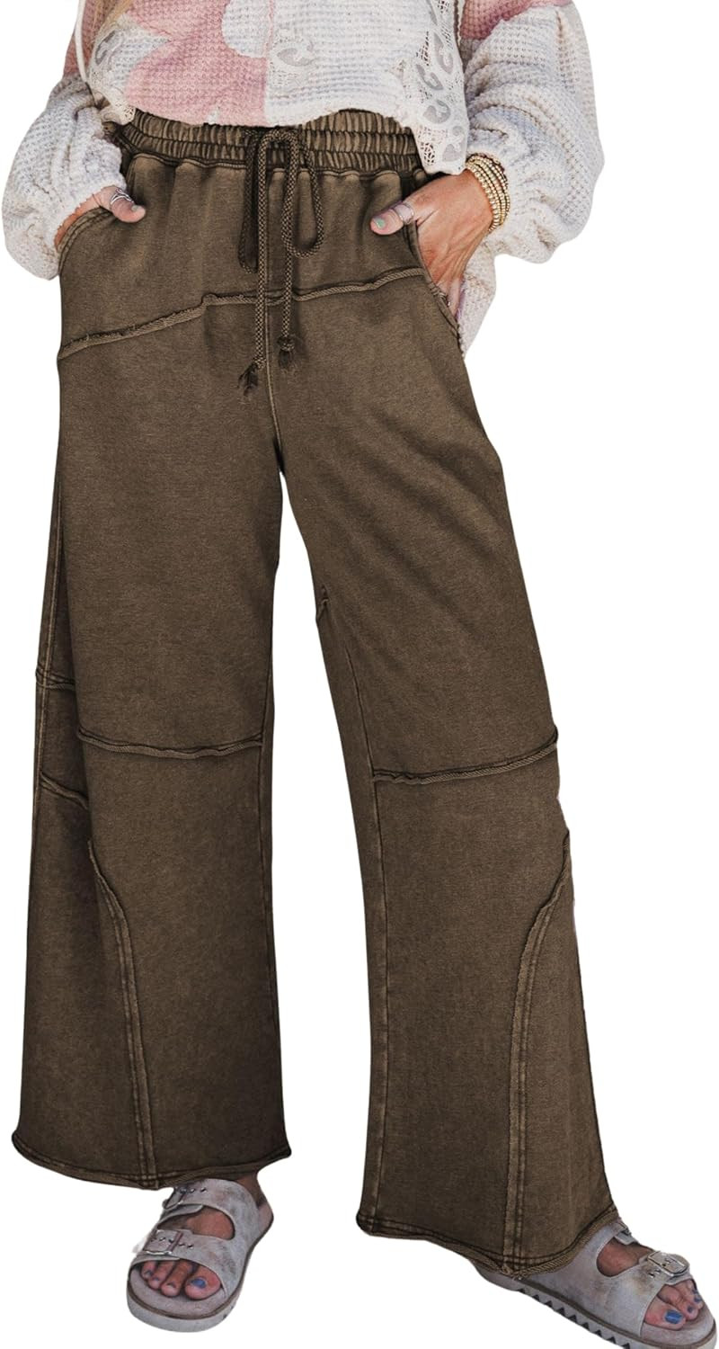 Athlisan Womens Casual Wide Leg Sweatpants High Waist Acid Wash Palazzo Pants with Pockets | Amazon (US)