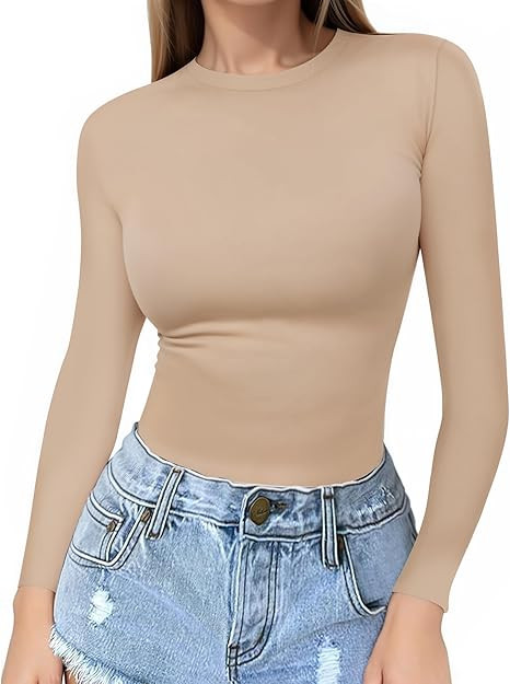 MANGOPOP Crew Neck Long Sleeve T Shirts for Women Fitted Shirts Tight Neck T Shirts Basic Tee Top... | Amazon (US)