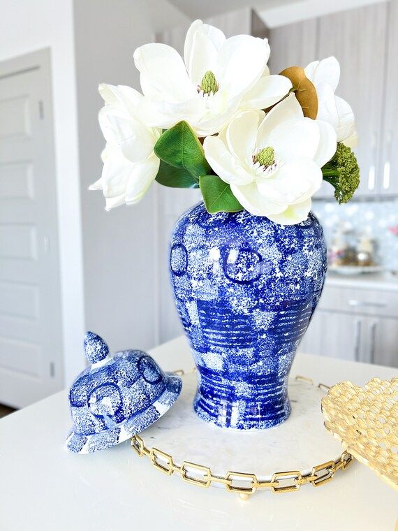 White and Blue Ginger Jar, Ginger Jar Vase, Gold Ceramic Vase, Housewarming Gift | Etsy (US)