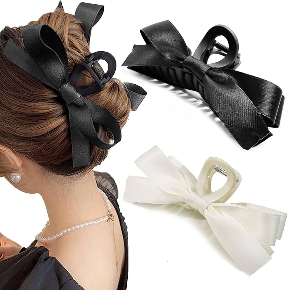 Sizobi 2Pcs Bow Claw Clips, Black White Coquette Hair Bow Claw Clips for Women, Satin Hair Bow Cl... | Amazon (US)