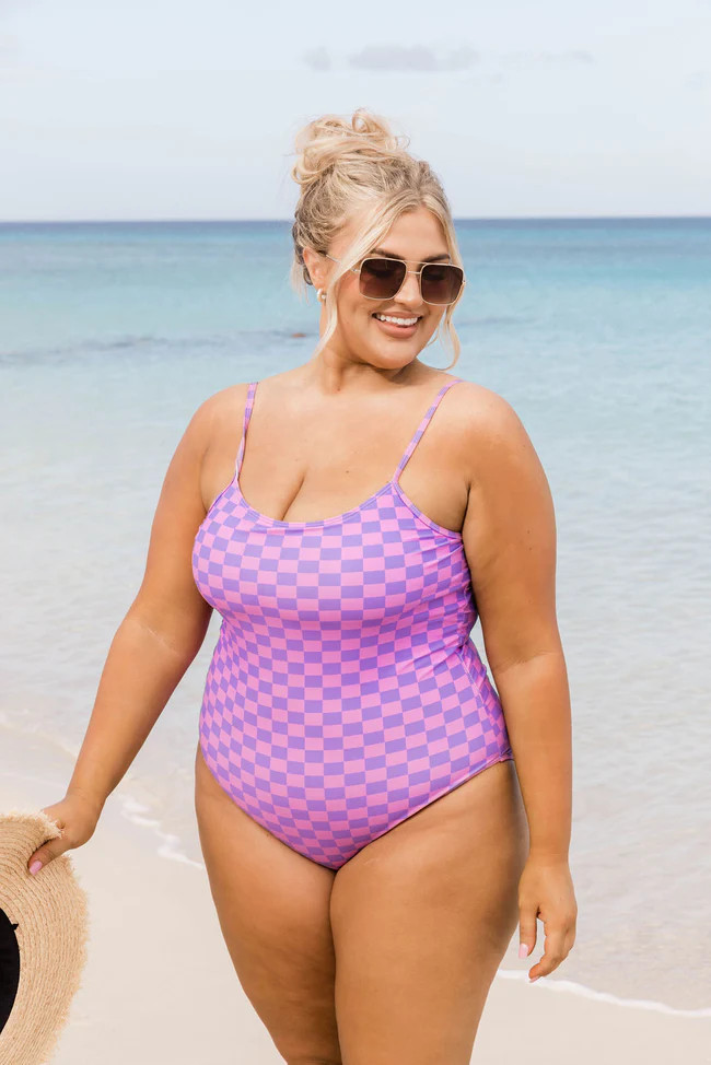 Coastal Ambiance Purple and Pink Checkered One Piece Swimsuit | Pink Lily