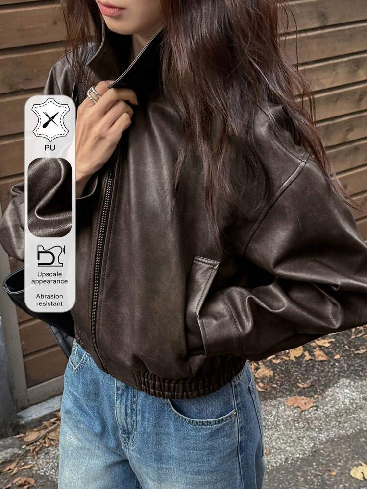 Brown PU leather jacket  | SHEIN
