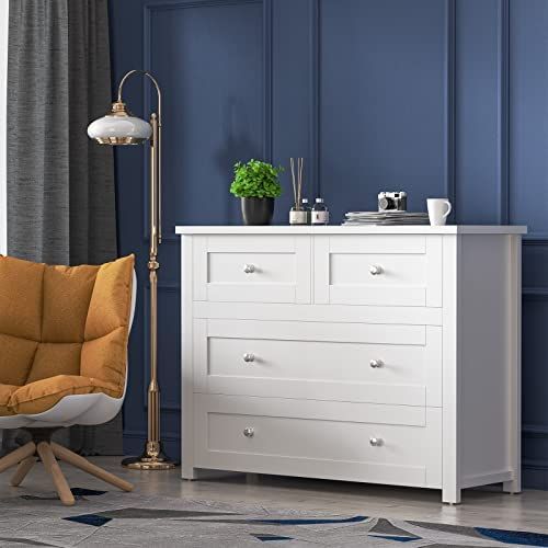 Amazon.com: SunsGrove 4-Drawer Chest Modern White Dresser with Wood Storage Organizer Cabinet for... | Amazon (US)