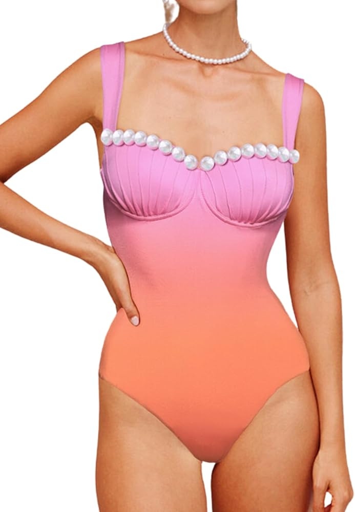 FLAXMAKER Women's One Piece Pearl Swimsuit Adjustable Back Lace-up Bathing Suit | Amazon (US)