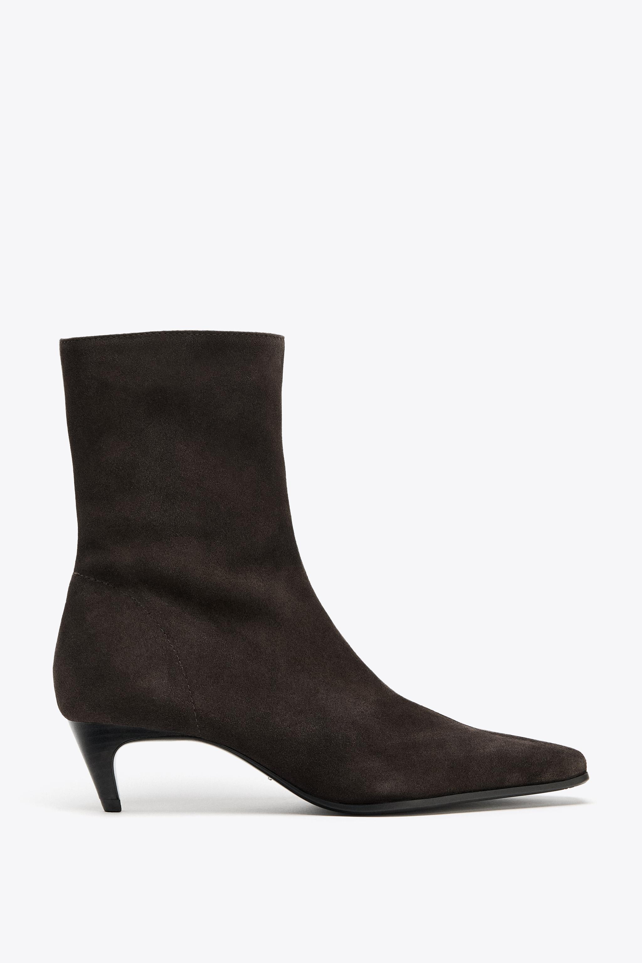 SPLIT LEATHER KITTEN HEEL ANKLE BOOTS | Zara US