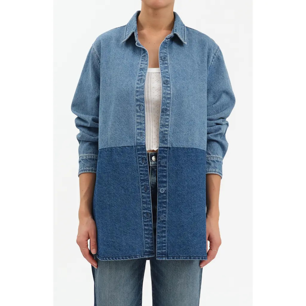 DAZE Double Time Colorblock Denim Button-Up Shirt in 2 Tone at Nordstrom, Size Small | Nordstrom