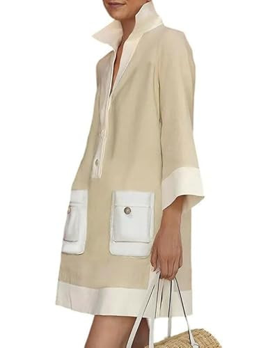 UOOZEE Summer Dresses for Women Casual Shirt Dress 3/4 Quarter Long Sleeve Printed Work Dress, Apricot, S | Amazon (US)