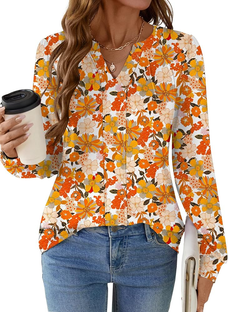 AKEWEI Womens Long Sleeve V Neck Shirts Pleated Business Casual Blouses Fall Loose Tunic Tops | Amazon (US)