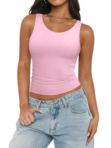 PINKMSTYLE Women Tank Tops Summer Sleeveless Basic Tight Top Slim Double Lined Crew Neck T Shirts Country Concert OutfitsPinkSmall | Amazon (US)