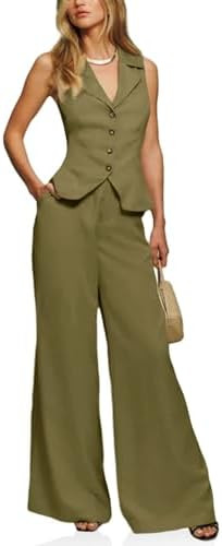 Cicy Bell Womens Vest Sets Button Crop Blazer Vest and Wide Leg Pant Suits | 2 Piece Outfits,Butt... | Amazon (US)