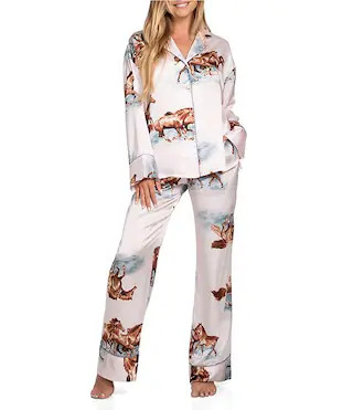 Long Sleeve Notch Collar Satin Western Horse Print Pajama Set | Dillard's