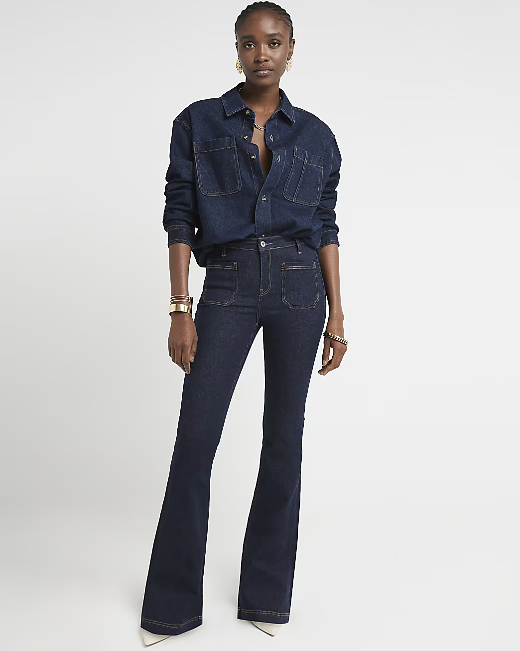 River Island Womens Blue Front Pocket Flared Jeans | River Island (UK & IE)