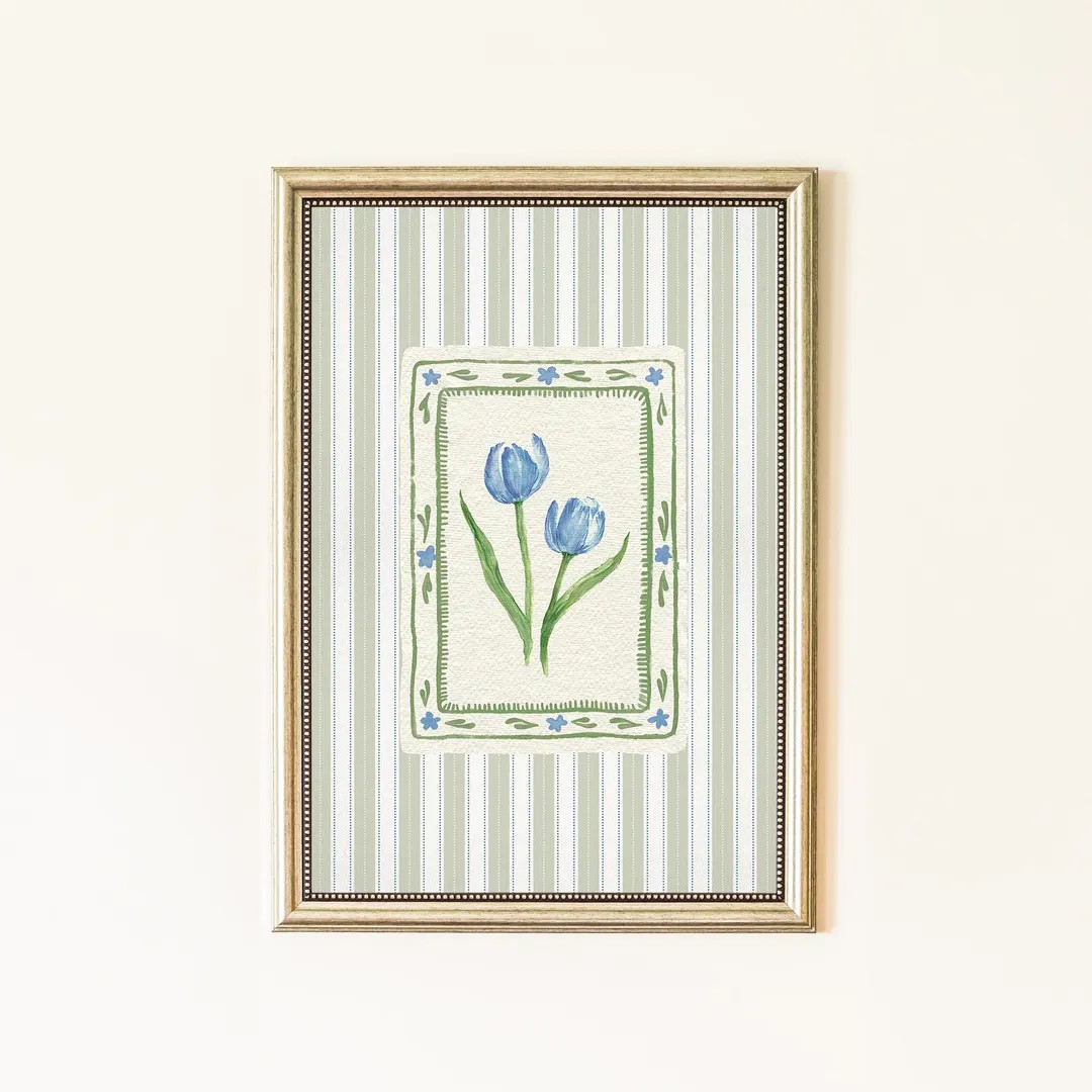 Blue & Green Tulip Wall Art | Floral Botanical Stripe Print | Grandmillennial Wall Decor | French... | Etsy (US)