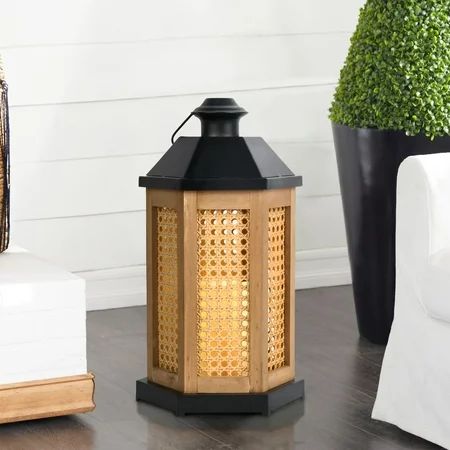 Better Homes & Gardens 12 Inch Natural Battery-operated Mixed Material Cane Lantern with Warm White  | Walmart (US)