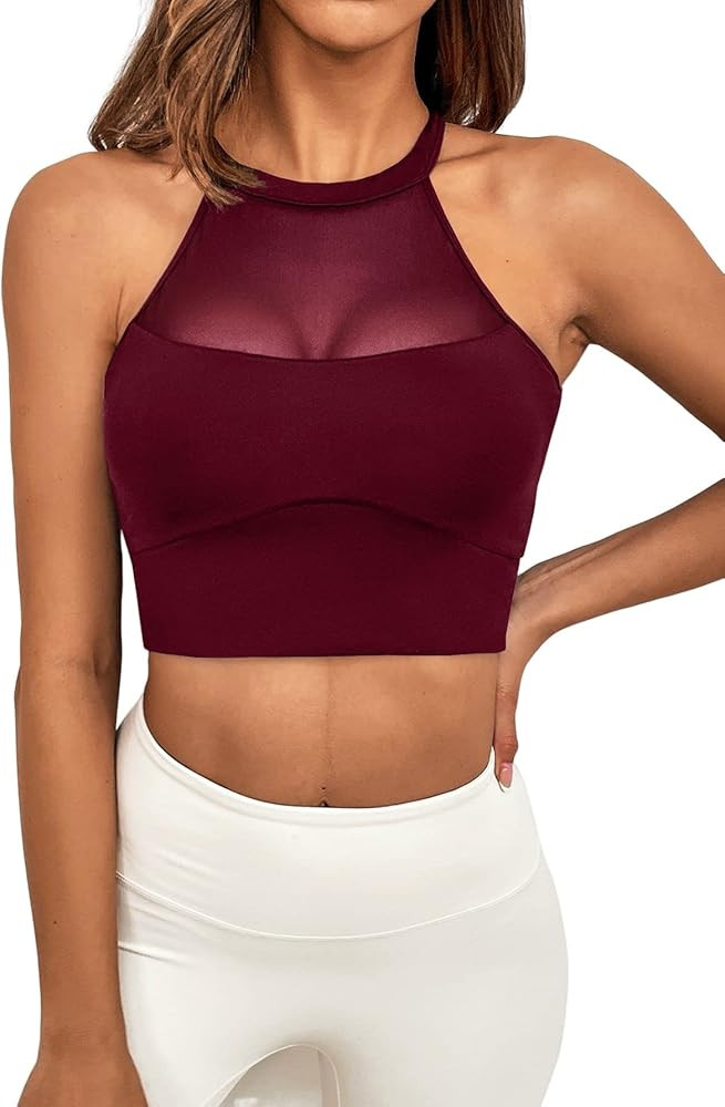 Milumia Women Contrast Mesh Backless Sports Bra Cut Out Halter Padded Workout Bras Burgundy X-Lar... | Amazon (US)