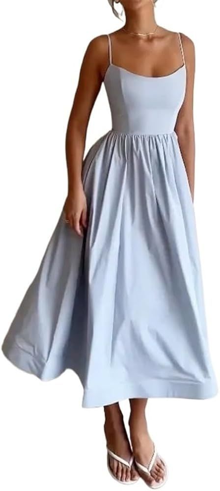 Women's Summer Long Dress Solid Color Square Neck High Waist Suspender Dress for Women | Amazon (US)