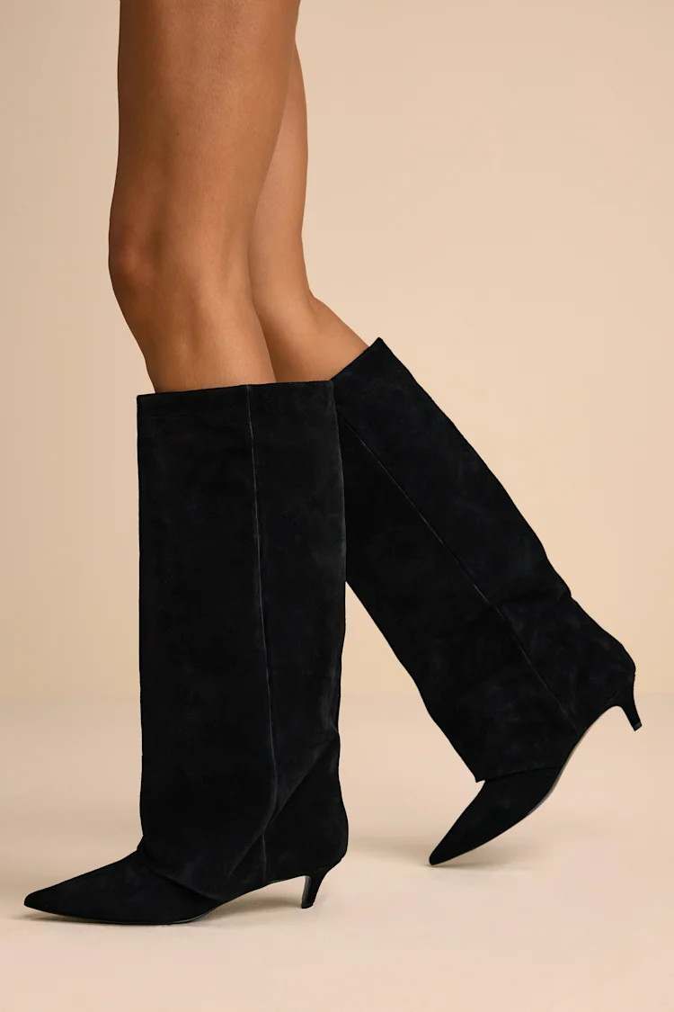 Luca Black Suede Leather Slouchy Knee-High Kitten Heel Boots | Lulus