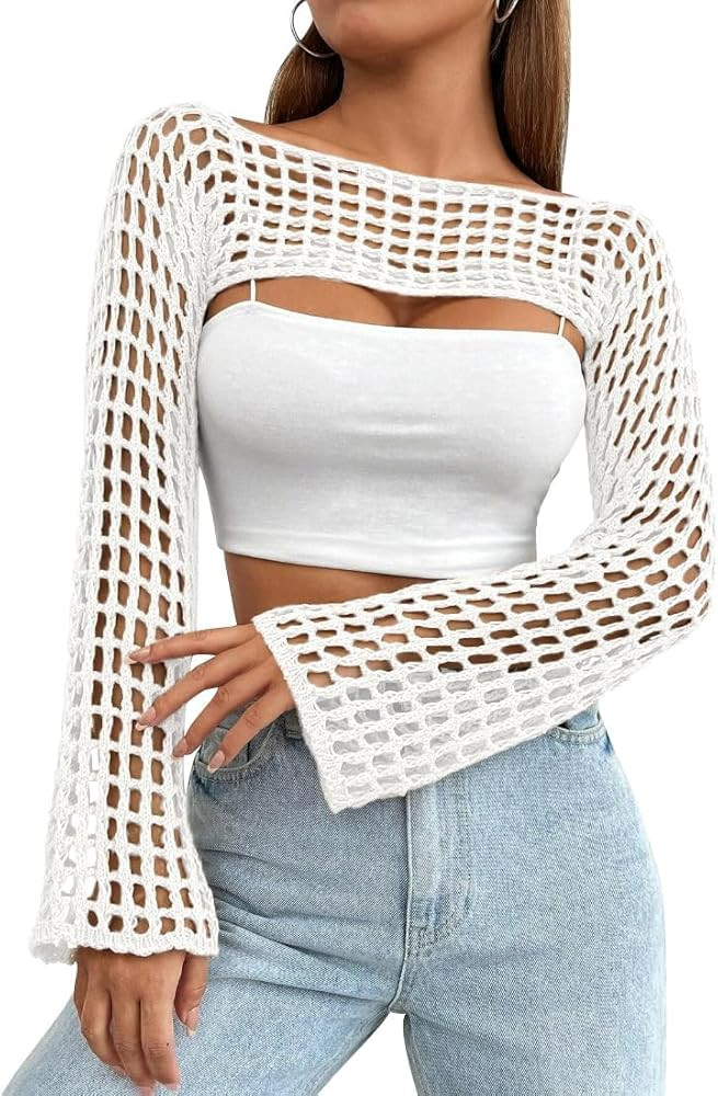 Womens Crochet Shrug Y2K Hollow Out Bolero Shrug See Through Cropped Knit Sweater Top | Amazon (US)