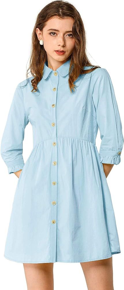 Allegra K Women's Casual Shirt Dress Ruched 3/4 Sleeve Button Up Mini Dresses | Amazon (US)
