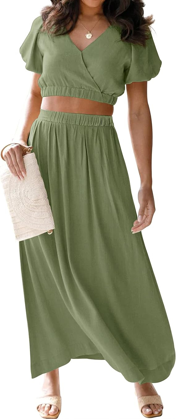 MEROKEETY Women's Summer Two Piece Outfits V Neck Puff Sleeve Crop Top and Flowy Maxi Skirt Set | Amazon (US)