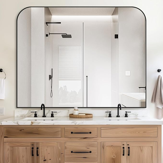 Bathroom Mirror, 48x40 Inch Wall Mirror, Black Metal Framed Mirror Vanity Mirror for Bathroom, Li... | Amazon (US)