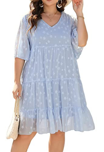 V Neck Short Ruffle Sleeve Cute Chiffon Dress for Plus Size Women Summer Casual Beach Party Wedding Dresses Blue 3X | Amazon (US)