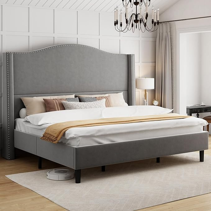 Jocisland Platform Bed Frame King Size Headboard Tall, Velvet Nailhead Trim Arched Wingback Uphol... | Amazon (US)