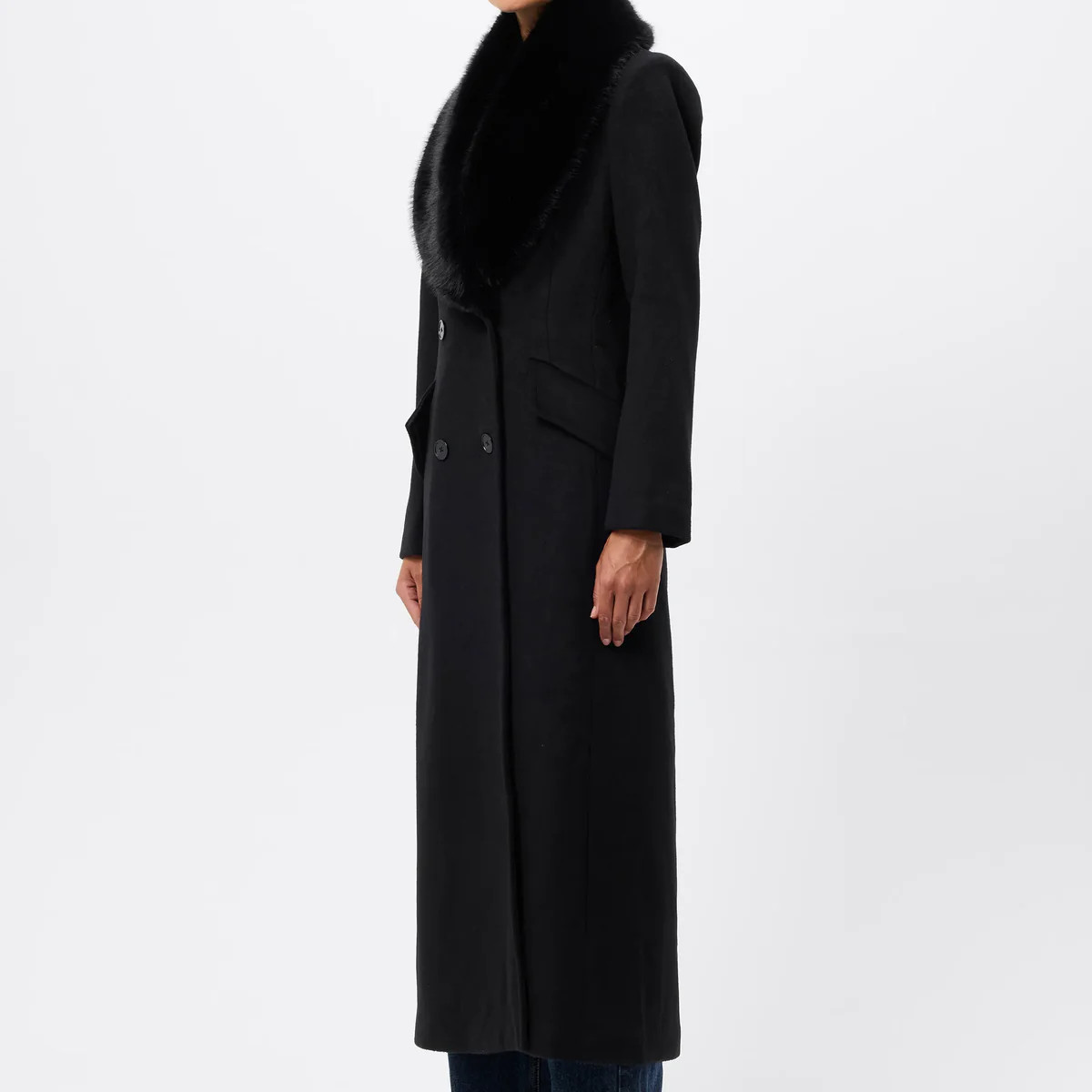 Andrea Coat - Mossman | Black Faux Fur Collar Longline Overcoat | Mossman