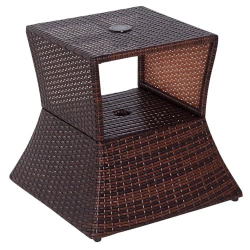 Outsunny Outdoor Side Table with Umbrella Hole, 2 Tier Rattan Wicker End Table with Storage Shelf, All Weather for Outdoor, Patio, Garden, Backyard, Mixed Brown | Amazon (US)
