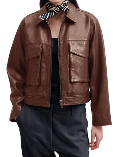 BZB Bomber Jacket Women Long Sleeve Brown Leather Jacket Women Casual Zip Up Motorcycle Moto Jacket with Pockets Going Out Outfits M | Amazon (US)