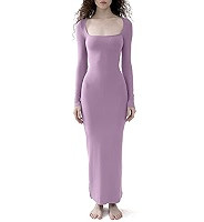 PUMIEY Women's Square Neck Long Sleeve Maxi Dress Ribbed Bodycon Dresses for Women Soft Lounge Dr... | Amazon (US)