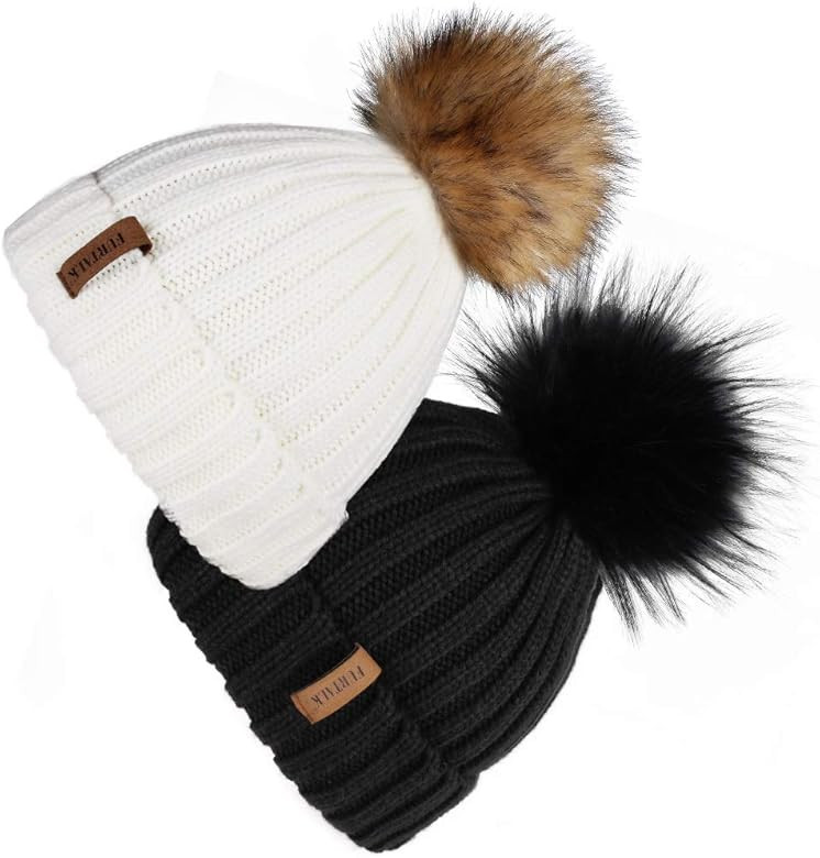 FURTALK Womens Winter Knitted Beanie Hat with Faux Fur Pom 2 Packs Warm Knit Skull Cap Beanie for... | Amazon (US)