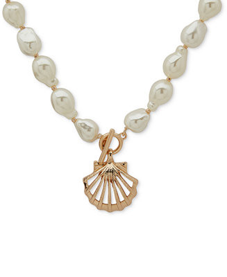 Gold-Tone Shell Imitation Pearl Beaded Pendant Necklace, 16" + 3" extender | Macy's