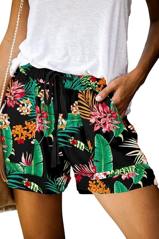 ONLYSHE Womens Casual Drawstring Shorts Summer Elastic Waist Shorts Pocketed Pants | Amazon (US)