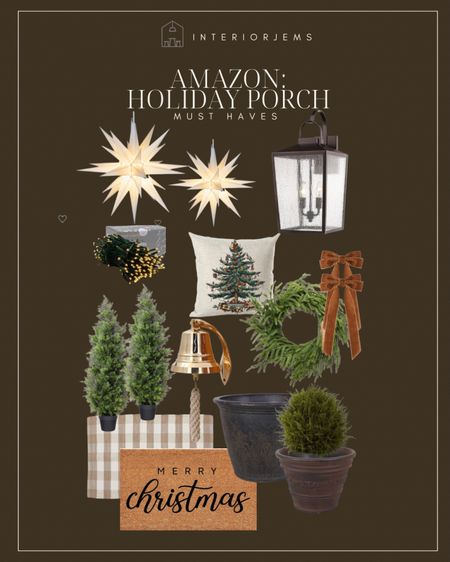 Amazon Christmas porch, large planters, faux cedar bush, light up stars, cedar trees, brass dinner bell, doormat, plaid doormat

#LTKsalealert #LTKstyletip #LTKhome