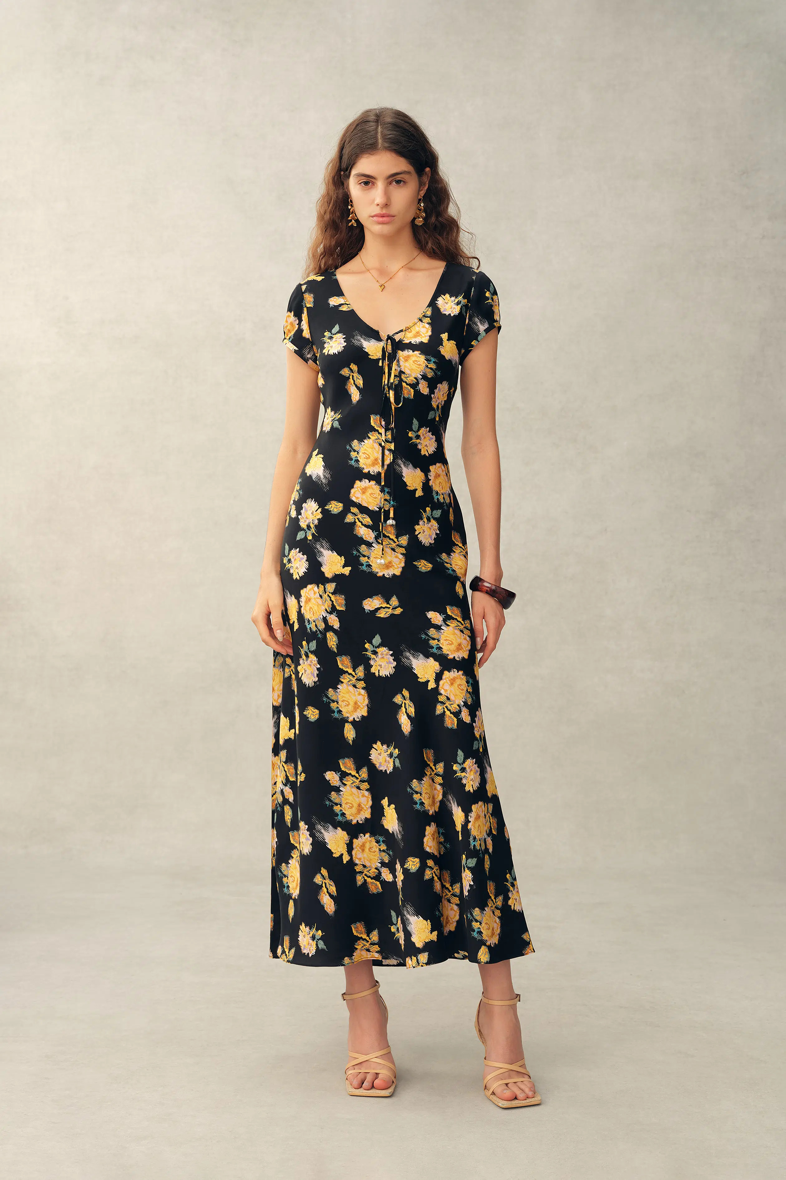 Maggie Handpainted Floral Cinched Waist Dress in Silk Double Crepe | Fabrique