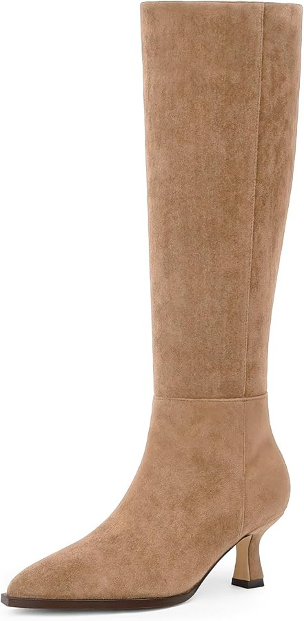 Modatope Knee High Boots Kitten Low Heel Faux Leather Pointed Toe Side Zipper Fall Long Tall Boot... | Amazon (US)