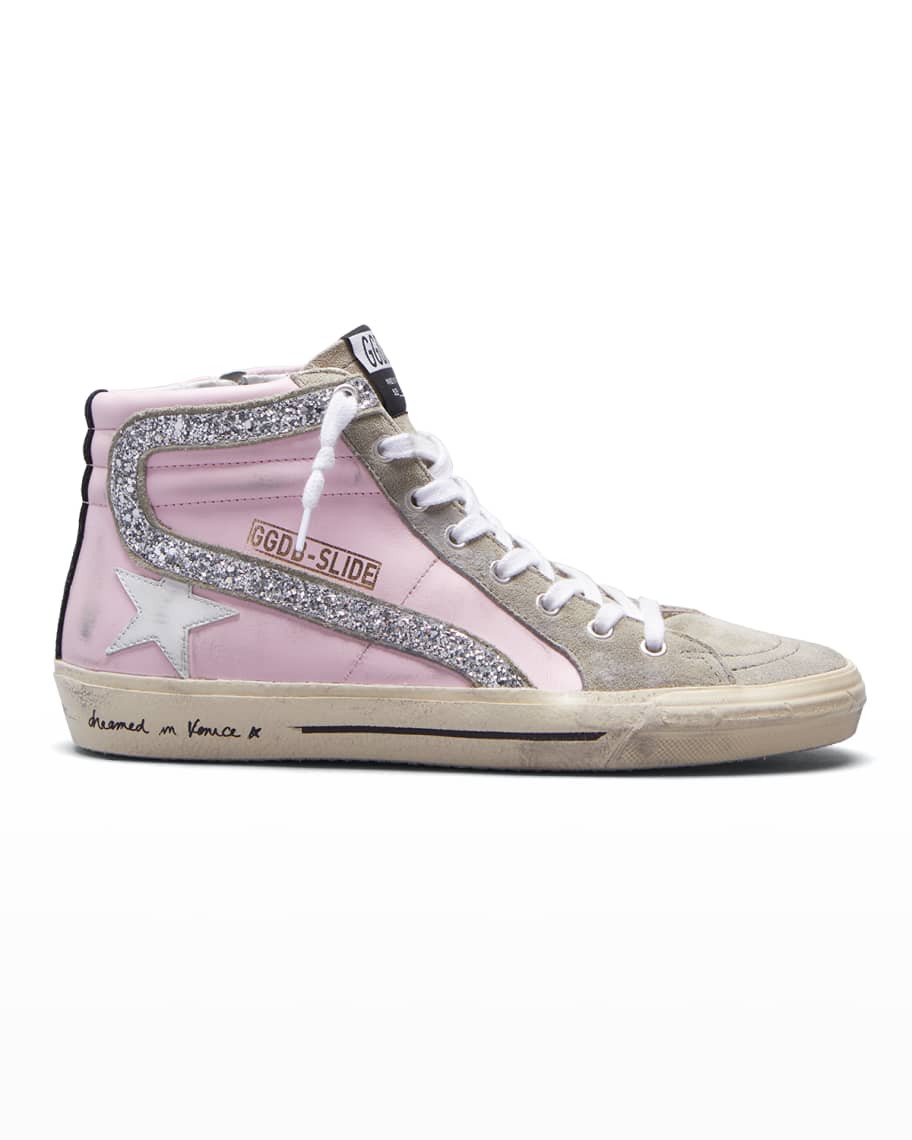 Golden Goose Slide Mid-Top Glitter Leather Sneakers | Neiman Marcus