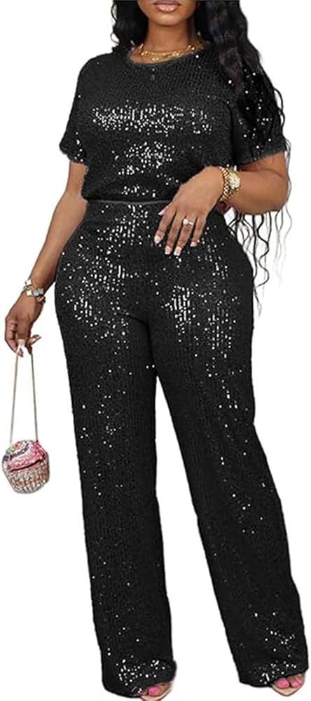 Women's Sparkly Sequin Set Crewneck Short Sleeve Top Straight Leg Baggy Trouser Party Outfits | Amazon (US)