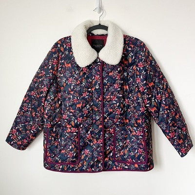 Talbots Quilted Bomber Jacket Woodland Ditsy Faux Fur Collar Fox Deer 1X Petite | eBay US