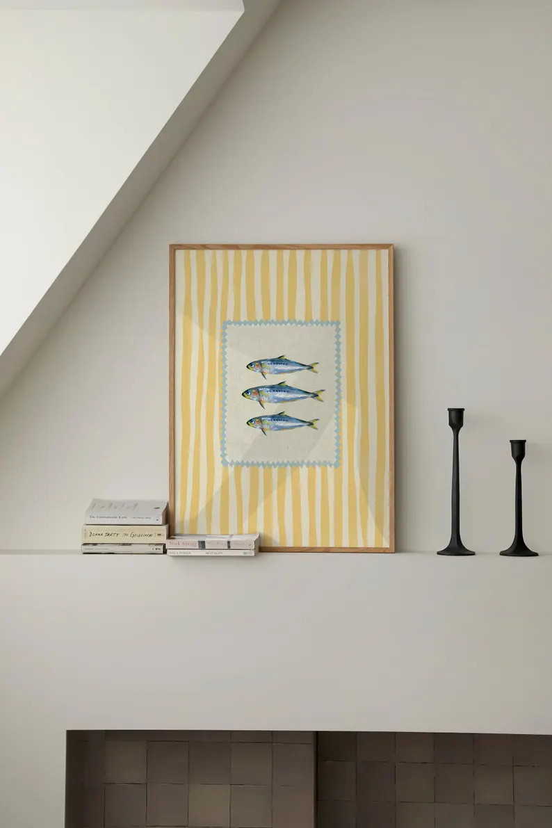 Vintage Sardines Fish yellow pink Stripe Trendy Aesthetic Kitchen Wall Art Retro Modern printable... | Etsy (Global)