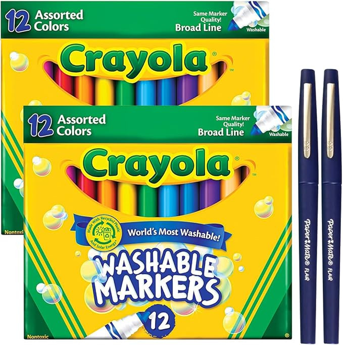 Crayloa Broad Line Markers for Kids Assorted Colors 2-Pack (24 Count) Classic Washable Markers fo... | Amazon (US)