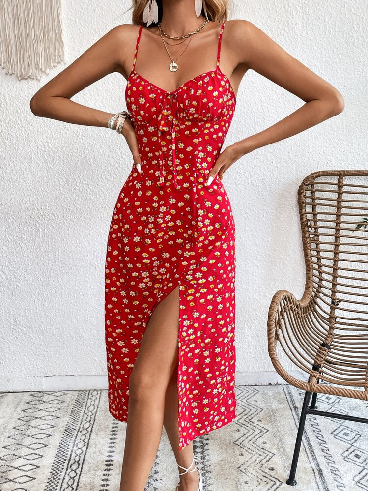 SHEIN VCAY Ditsy Floral Print Split Thigh Cami Dress | SHEIN