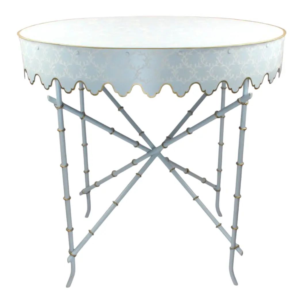 Scalloped Handpainted Table in Pale Blue | Chairish