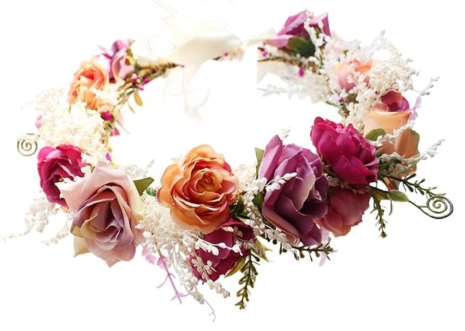 Vivivalue Rose Flower Crown Boho Flower Headband Hair Wreath Floral Headpiece Halo with Ribbon We... | Amazon (US)