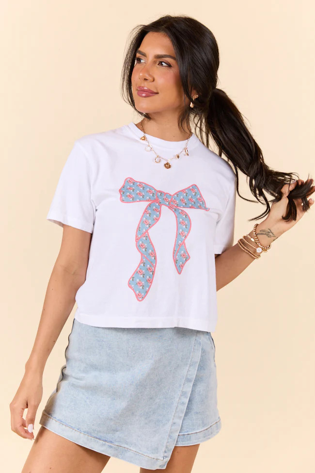 Floral Printed Bow White Boxy Graphic Tee | Pink Lily