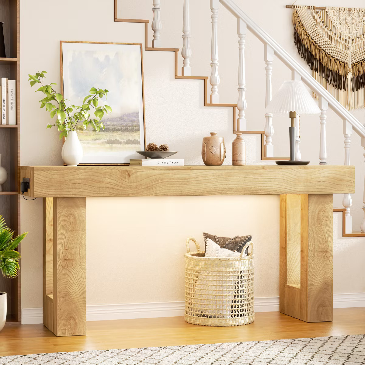 Aheaplus 63'' Farmhouse Console Table with Power Outlets and Light, Wood Narrow Entryway Table | Target