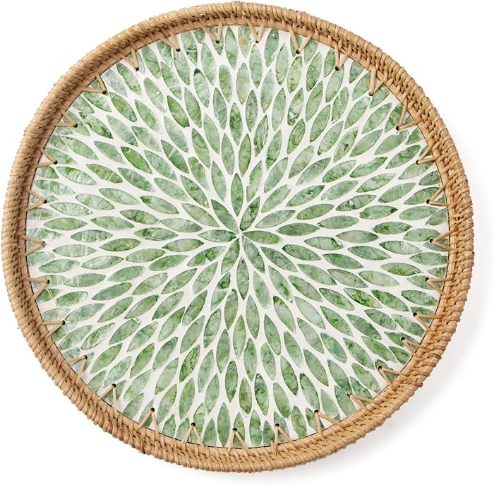 Round Rattan Tray with Mother of Pearl Inlay, Decorative Wicker Serving Tray with Wooden Base, Wo... | Amazon (US)