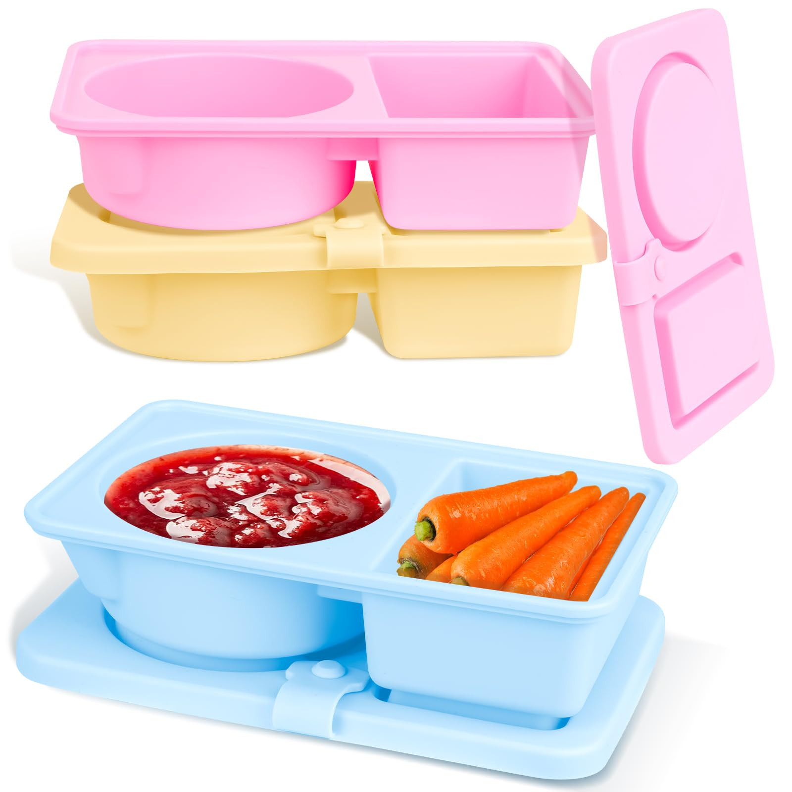 3 Pack Silicone Reusable Snack Containers with Lids, Double Compartment Snackle Box Containers, S... | Amazon (US)