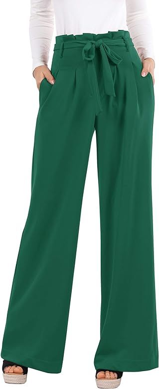 Womens Pants Wide Leg High Waisted Palazzo Pant Casual Loose Fit Long Pockets Trousers with Belt | Amazon (US)